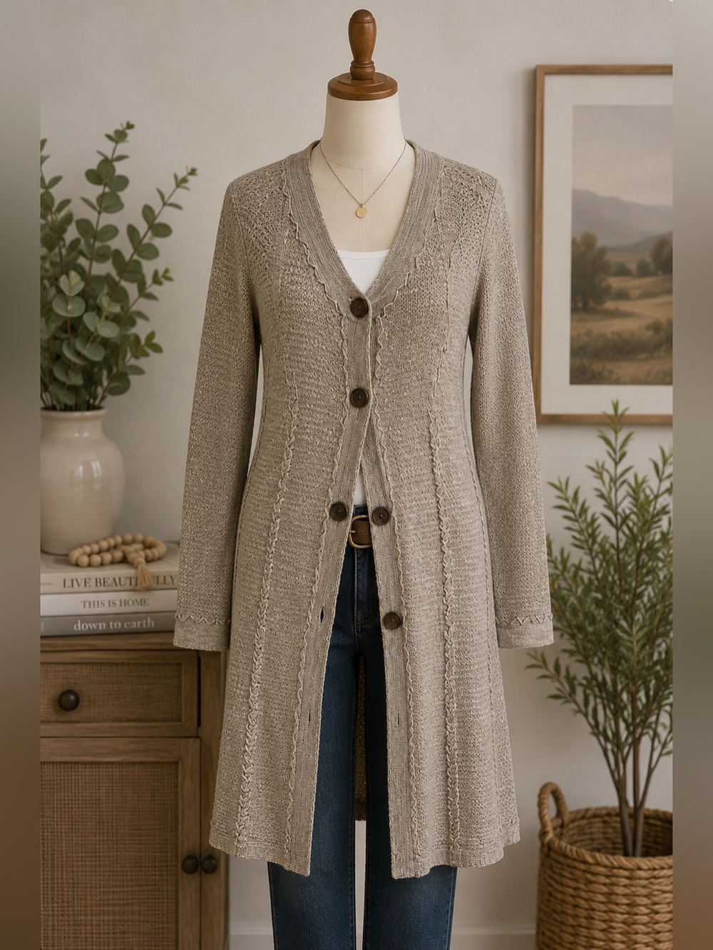 Coldwater Creek Taupe Knit Cardigan Sweater Longline Button Front Size S